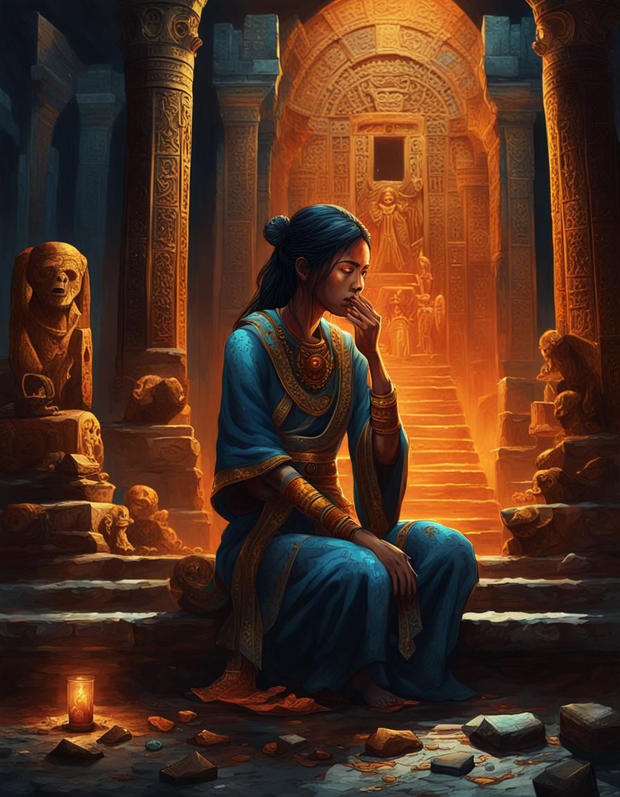 Mourning Woman in Dark Fantasy Temple