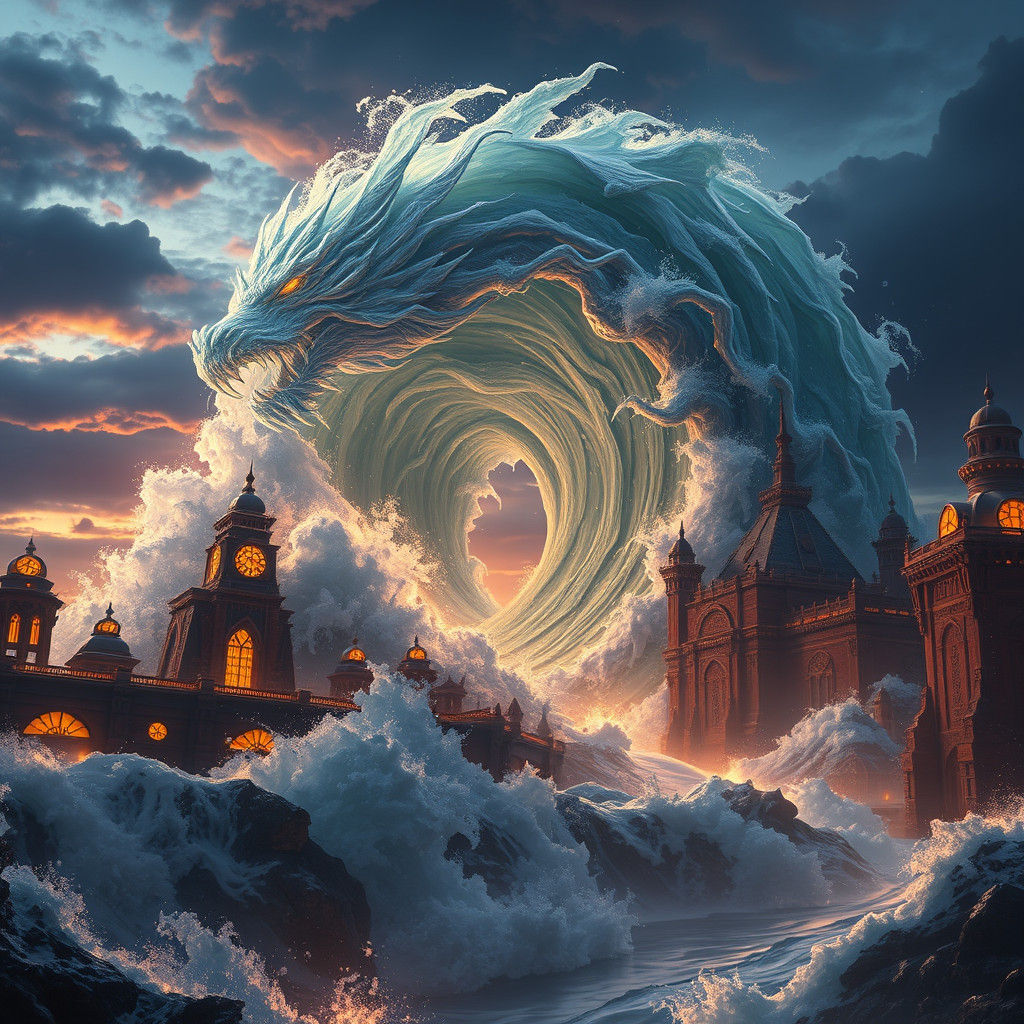 Crystalline Tsunami Crashing Into Mystical Cityscape