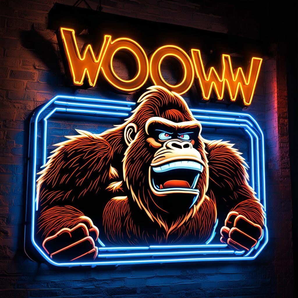 Neon Donkey Kong 'WOW' Sign with Fantasy Effects