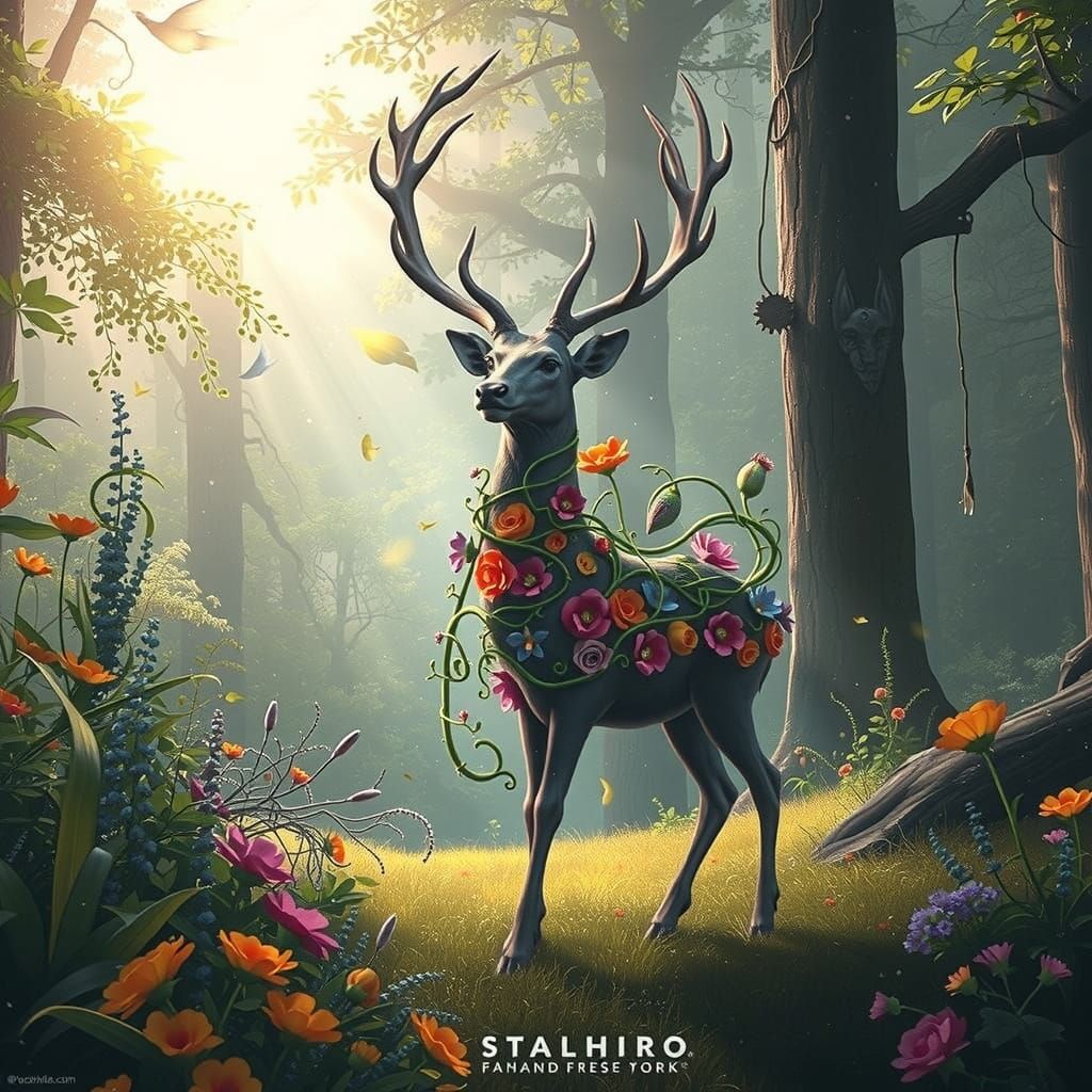 Floral Deer in Lush Forest Clearing