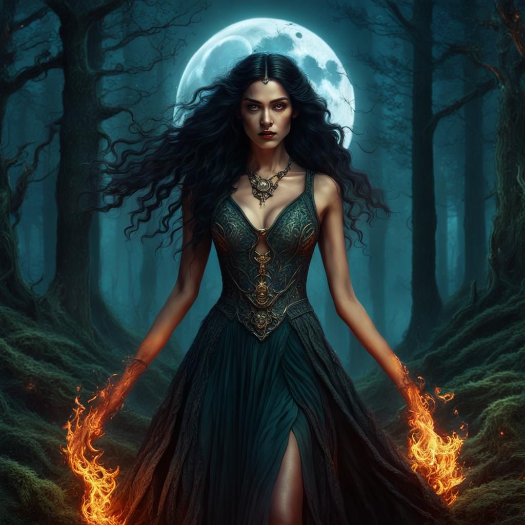 Nature Witch Under Beltane Moon: Fantasy Art
