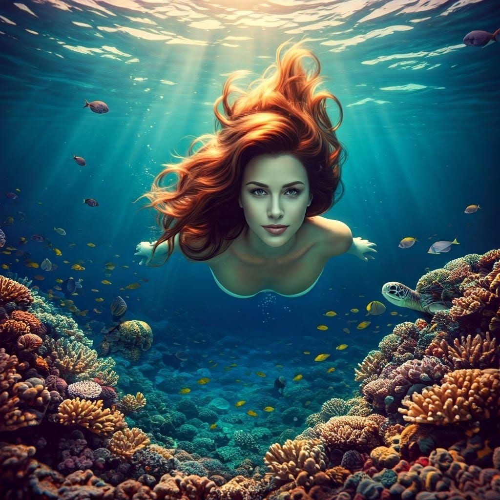 Ethereal Goddess Dives into Vibrant Coral Reef