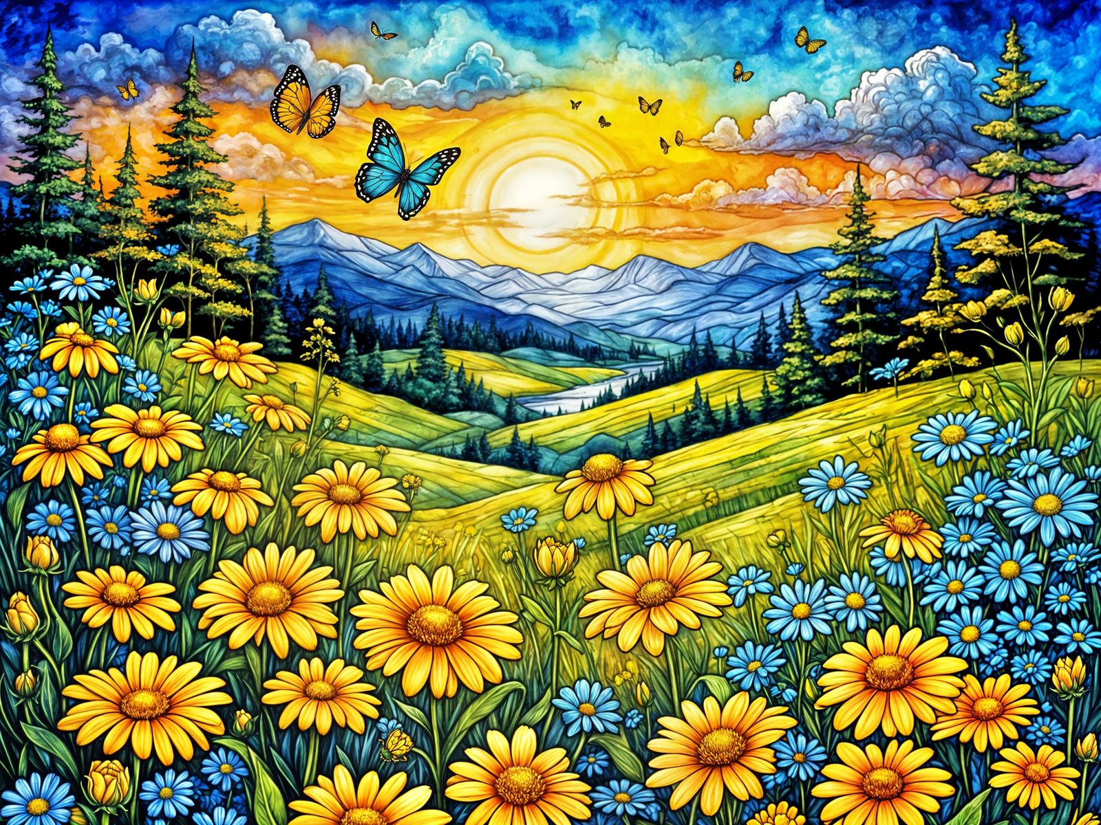 Countryside Field with Daisies, Butterflies and Frog