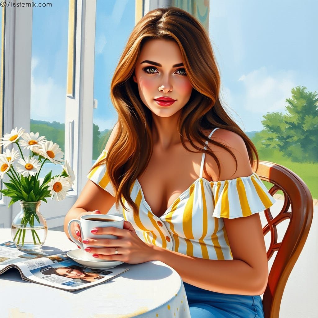 Woman with Coffee in Impressionistic Watercolor Style