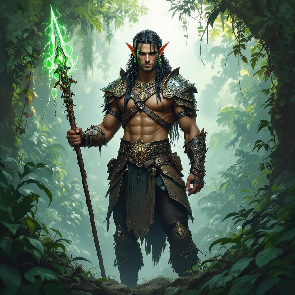 Elf Warrior with Magic Spear in Jungle