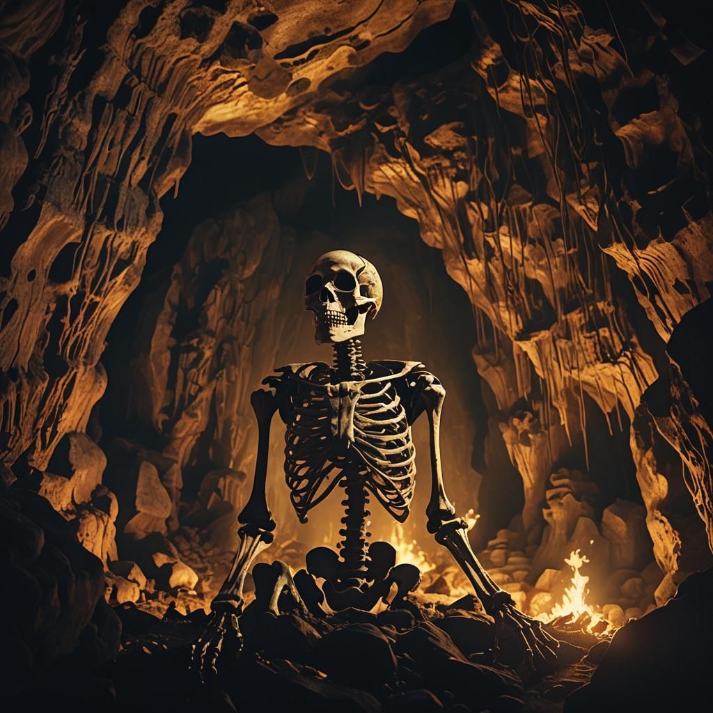 Skeleton Waving in Cave, 1970s Film Aesthetic