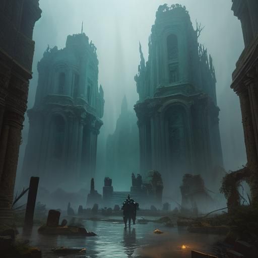 Mythical Creature in Ancient Ruins: Oil Painting Concept Art