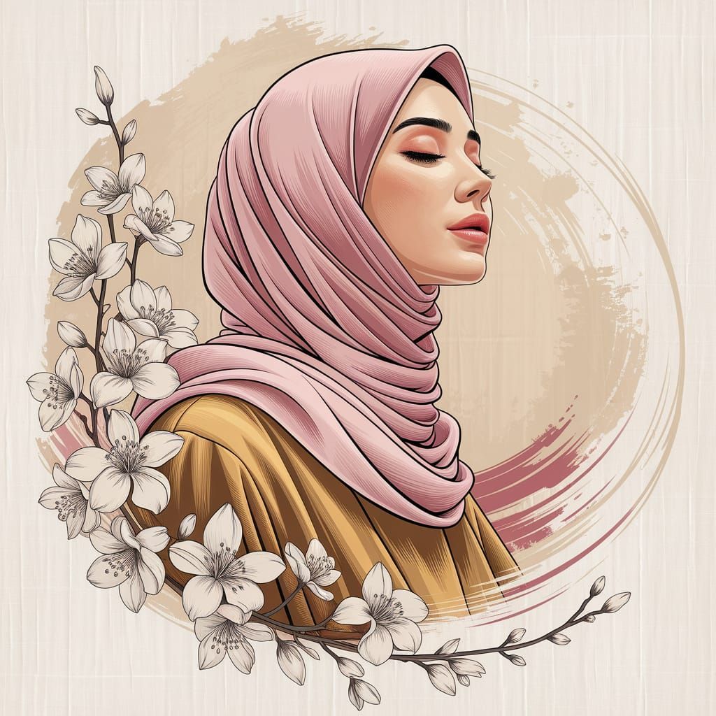 Elegant Arabic Woman in Golden Brown Linen with Jasmine Flow...