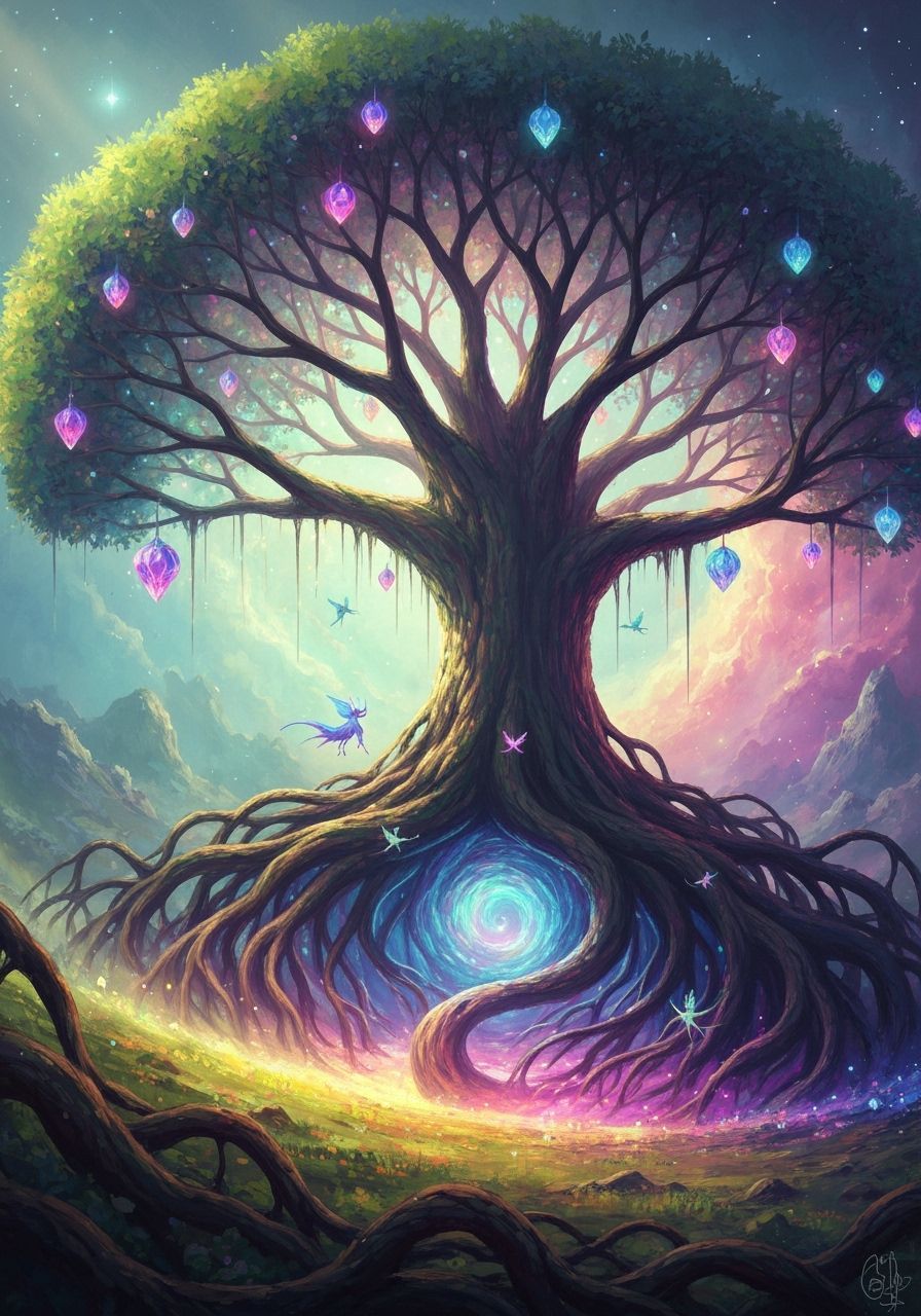 Cosmic Tree With Nebula Roots and Crystal Fruit