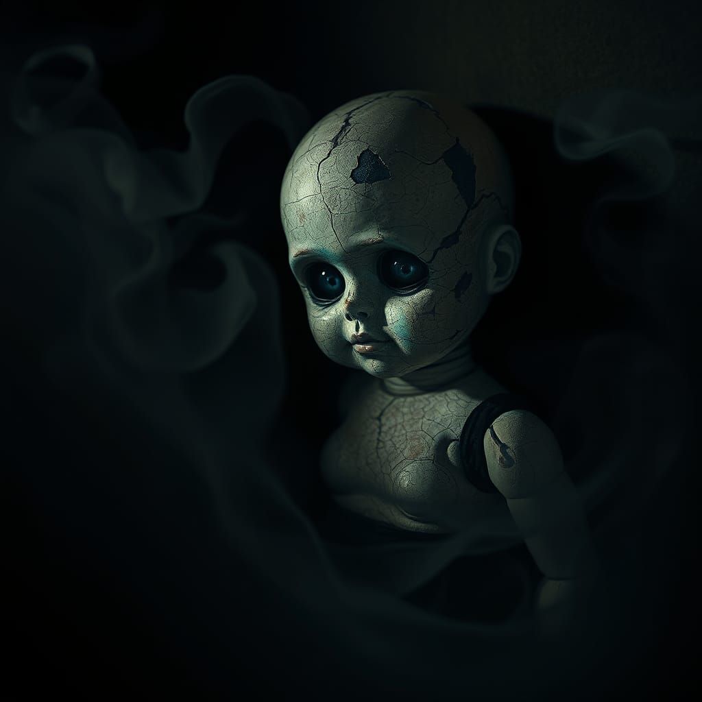 Cursed Antique Doll in Eerie, Shadowy Scene