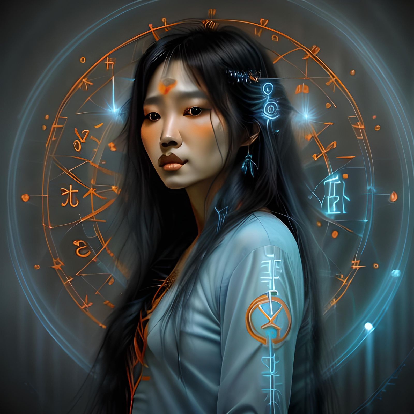 Meditating Asian Woman with Quantum Prophecy Symbols