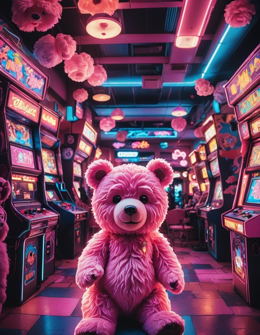 Synthwave Teddy Bear in Retro Arcade Dreamscape