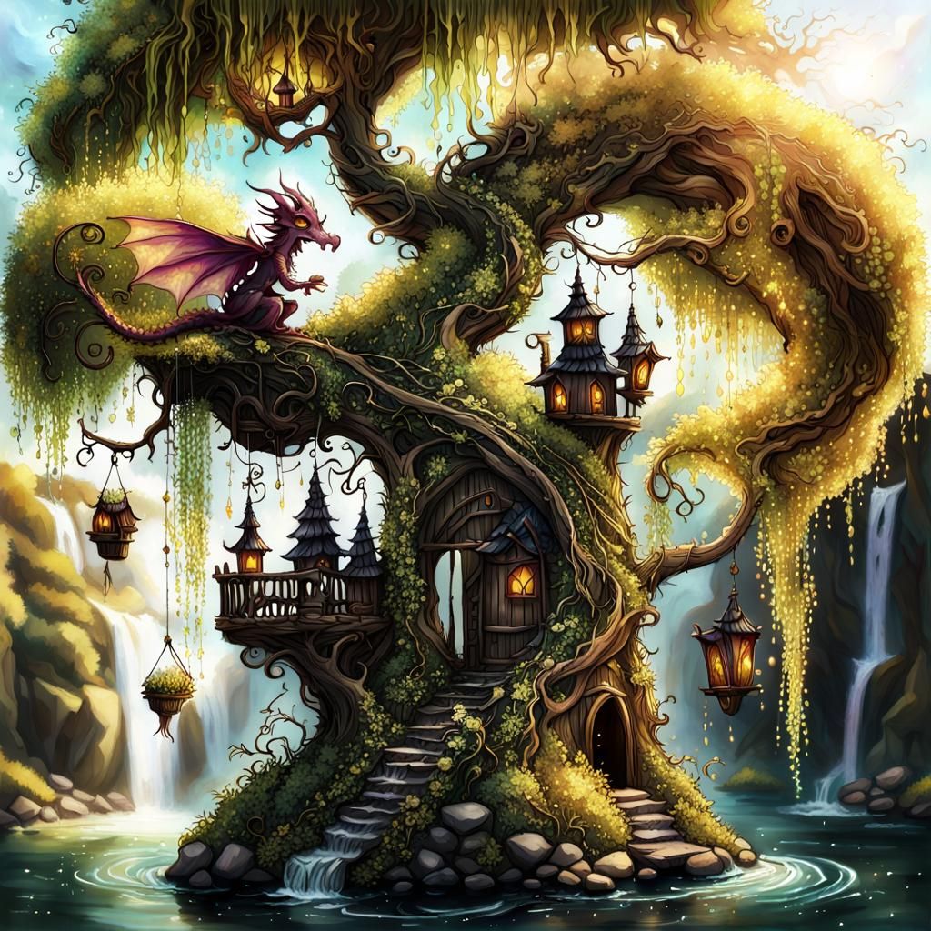 Dragon's Treehouse with Gnomes and Orchids