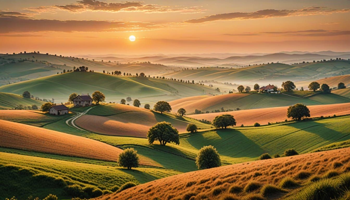 Idyllic Rural Landscape at Daybreak: Oil Painting