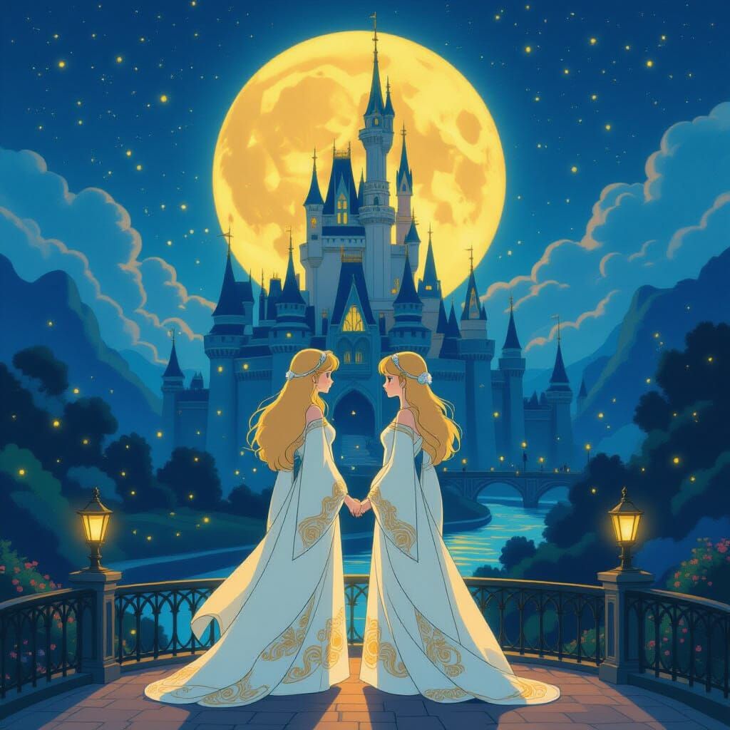 Ethereal Creatures Meet on Moonlit Bridge