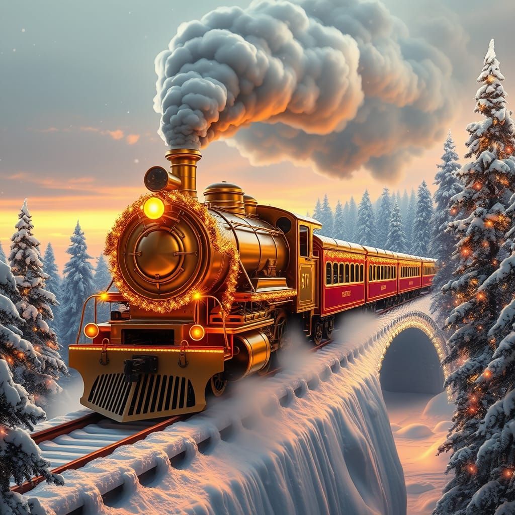 Golden Steam Train in Snowy Forest Digital Matte Painting