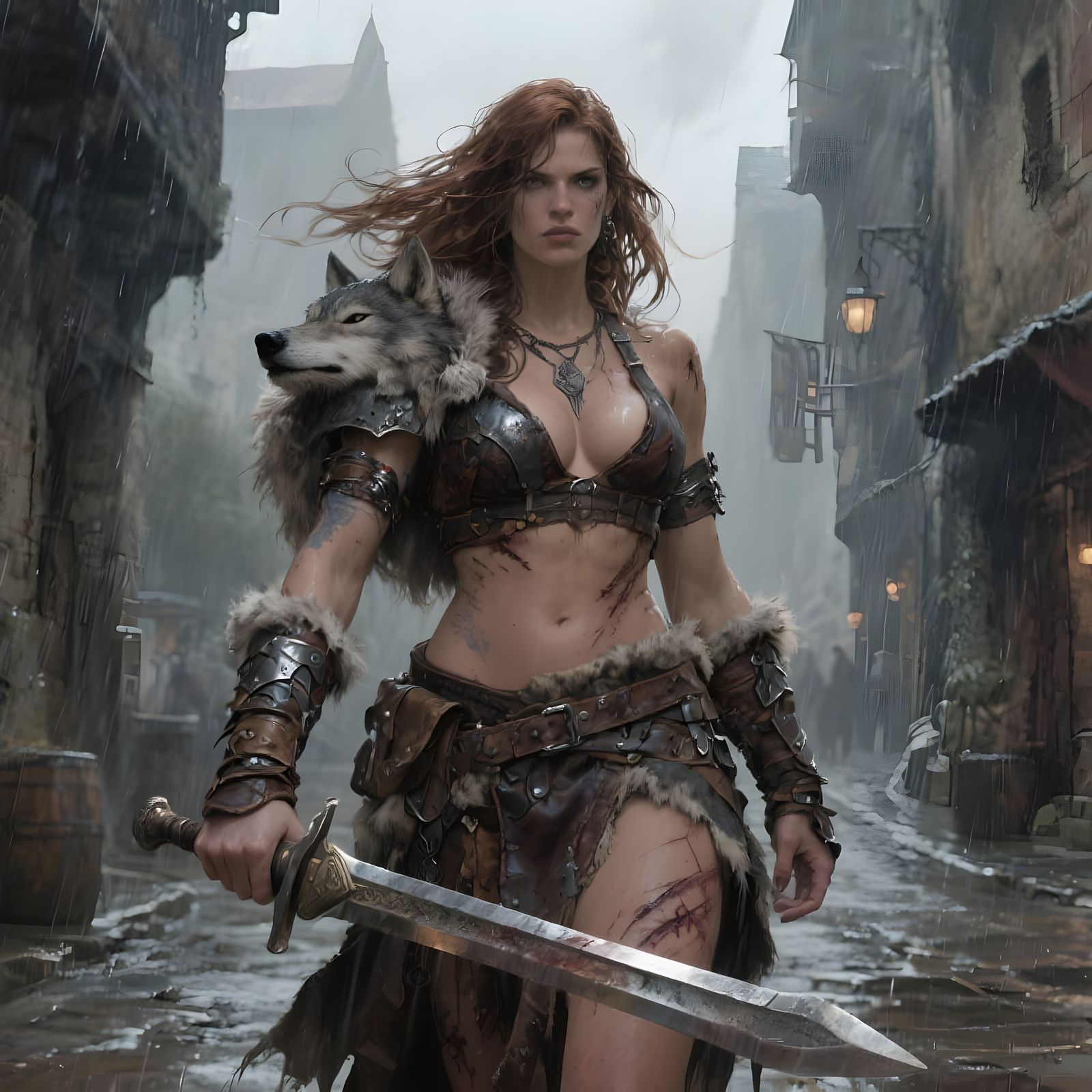Imposing Barbarian Woman in Rainy Medieval Street