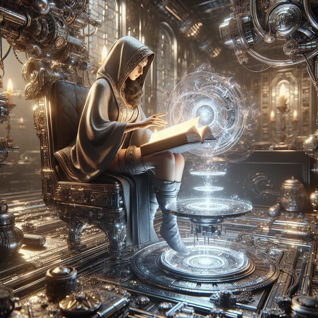 Mage Reading Levitating Book in Sci-Fi Setting