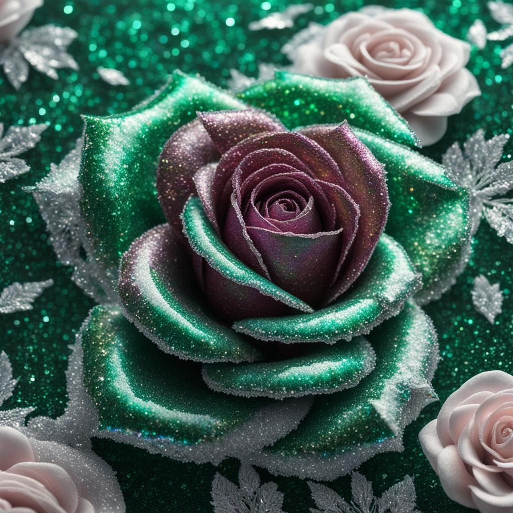 Emerald Velvet Rose with Diamond Trim in Hyperrealism