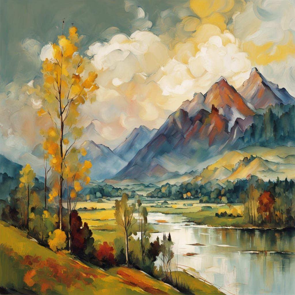 Expressionist Landscape Painting with Mountains and Lakes