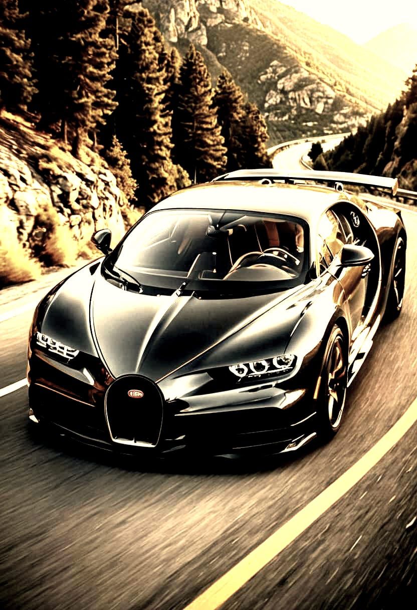 Cinematic film still. Medium shot. Bugatti Chiron Super Sport 300+ speeding down a winding mountain road at sunset. Wide...