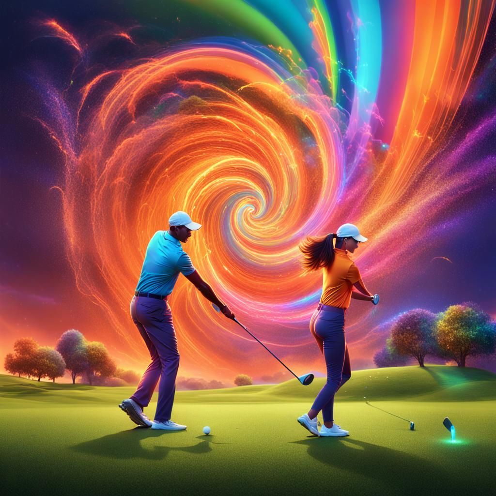 Neon Golfers in a Glittering Rainbow Tornado