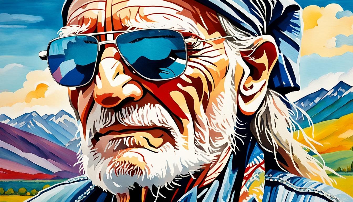 Willie Nelson Portrait in Watercolor Pop Art Style