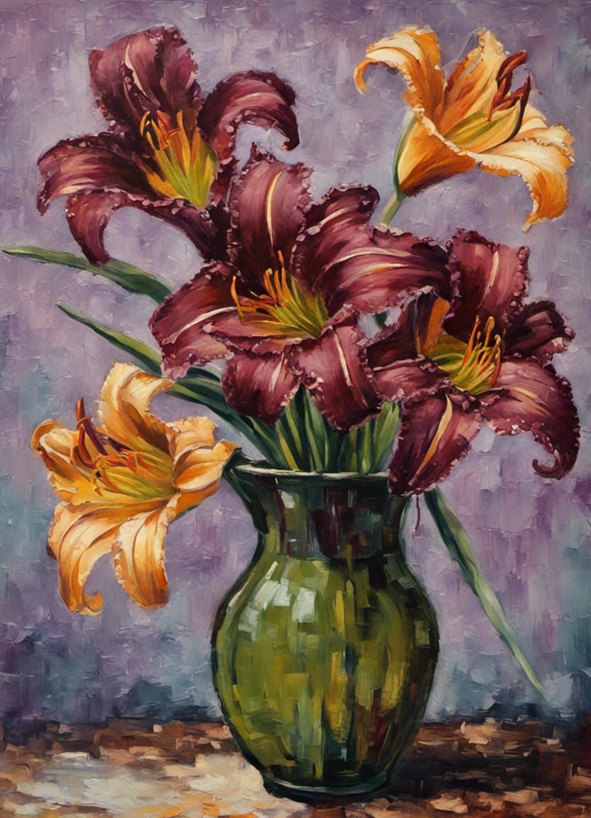 Day Lilies in Vase: Expressionist Oil Painting