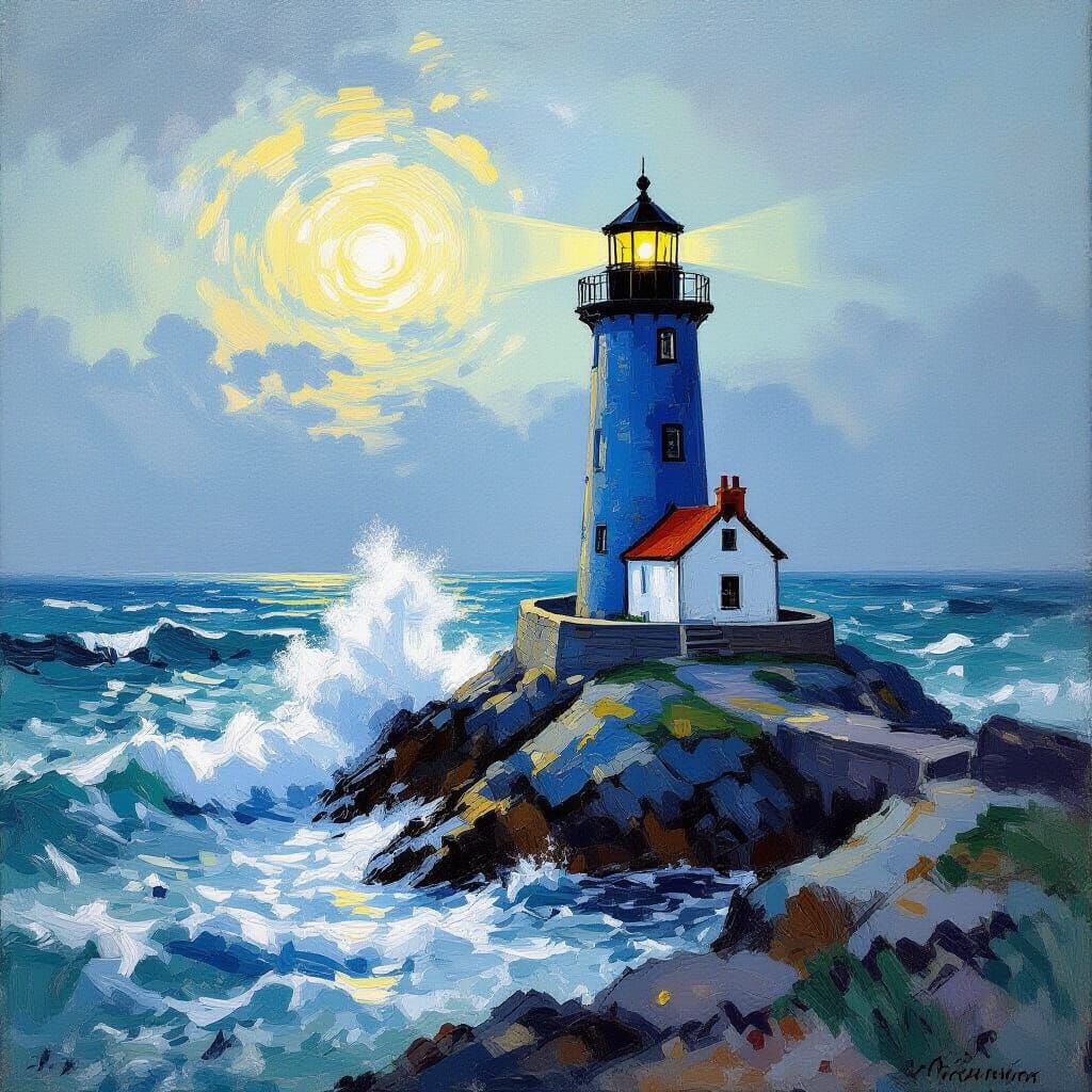 Blue and White Lighthouse Illuminates Rocky Coastline