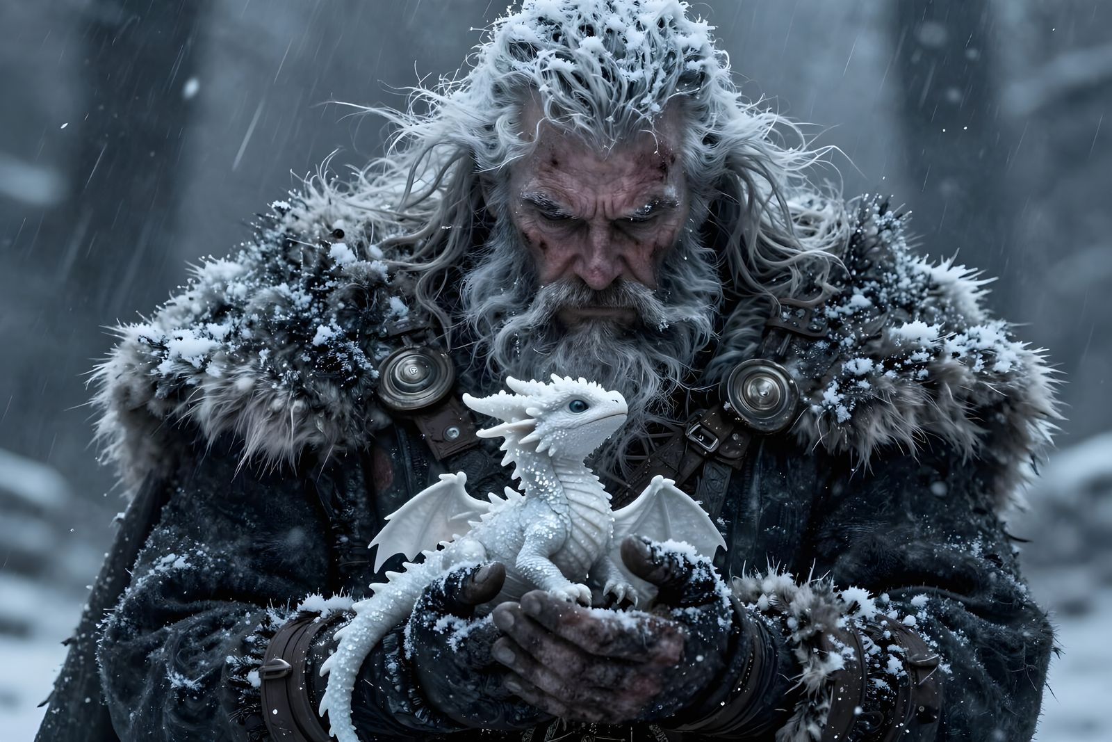 Viking Warrior Protects Tiny Dragon in Blizzard