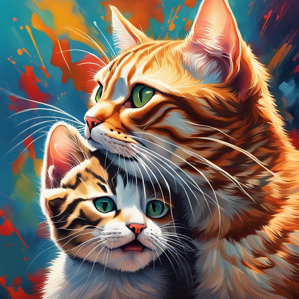 Mama Tabby Cat and Kitten, Hyperrealistic Art