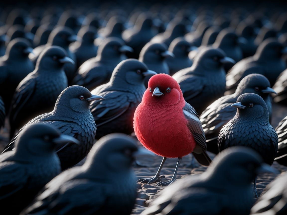 Vibrant Red Bird Emerges Amid Black Flock