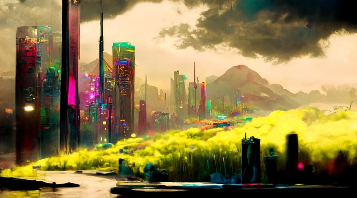 Hyperdetailed Neon Cityscape in Retrowave Style