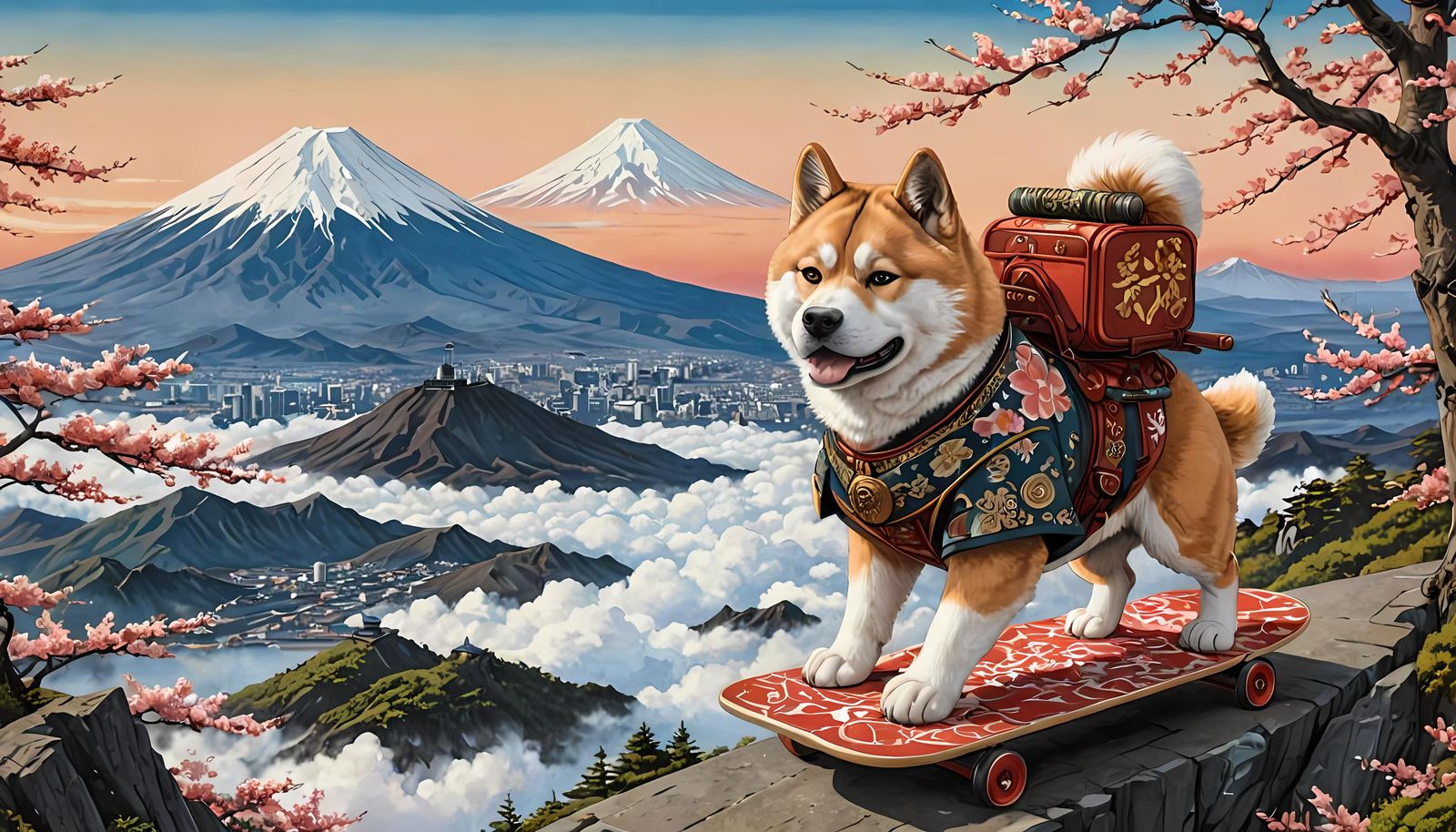 Samurai Akita Skateboarder Rides Mount Fuji: Ukiyo-e Style