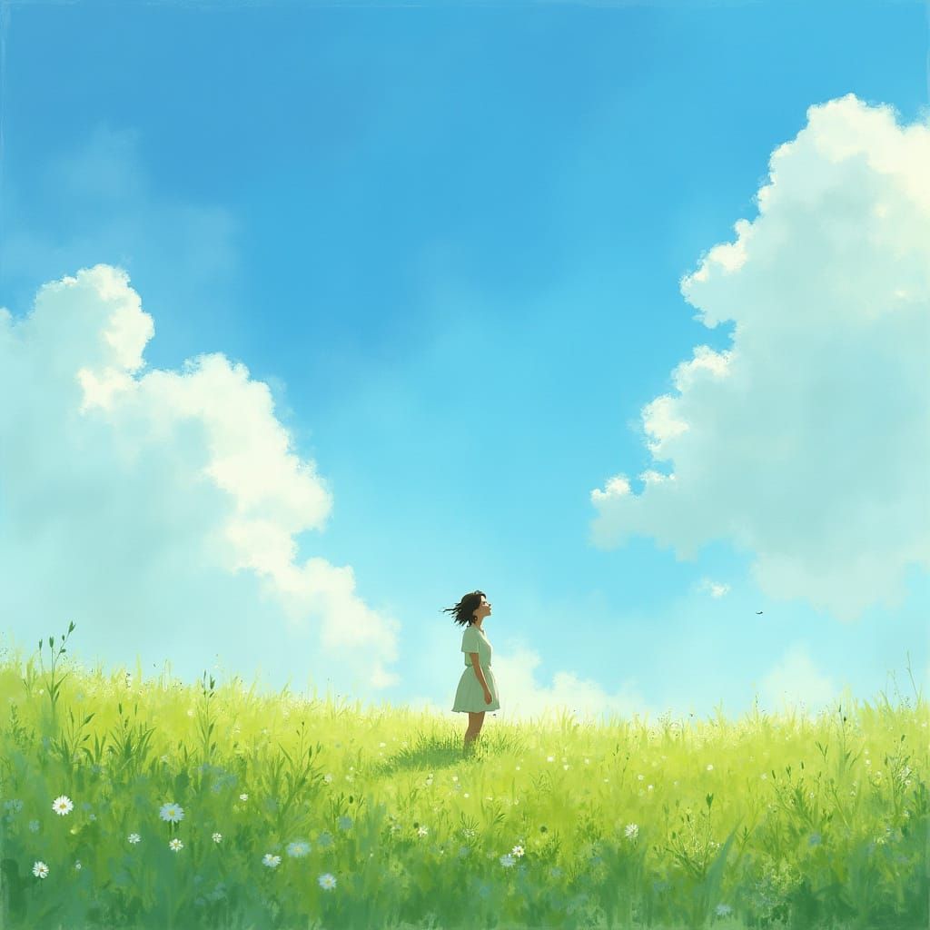 Serene Woman in a Whimsical Blue Sky Landscape