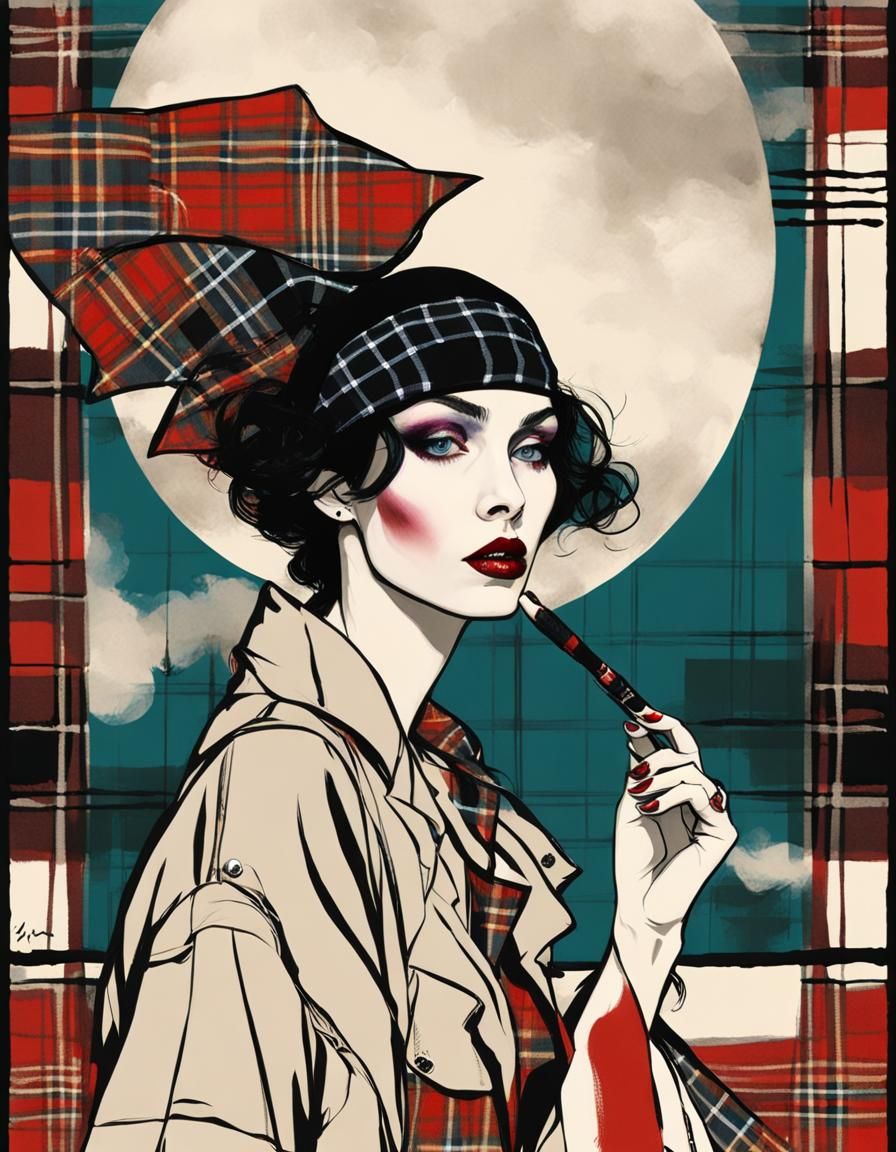 Art by Vivienne Westwood, punk-inspired fashion scene, characters clad in bold, rebellious plaid attire, mixing traditio...