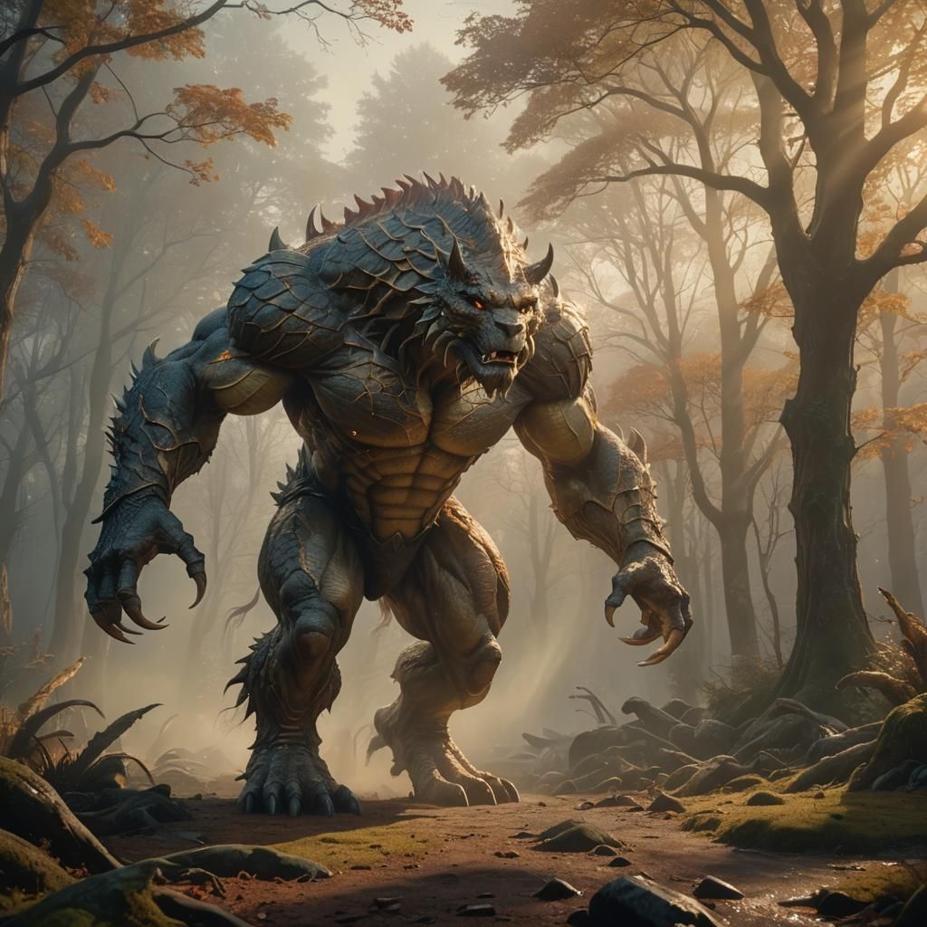 Epic Scaled Quadruped in Misty Golden Light