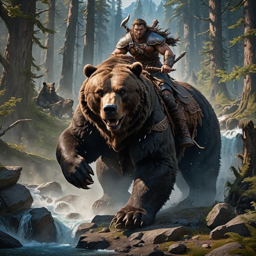 Barbarian Riding Bear in Detailed Matte Painting