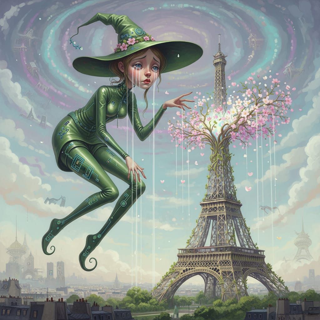 Giant Witch Cries Over Blooming Eiffel Tower in Paris