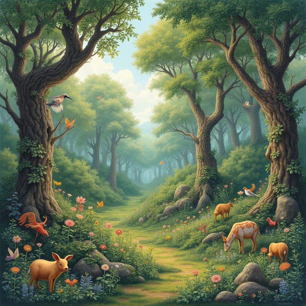 Whimsical Forest Landscapes with Lush Trees and Wildlife