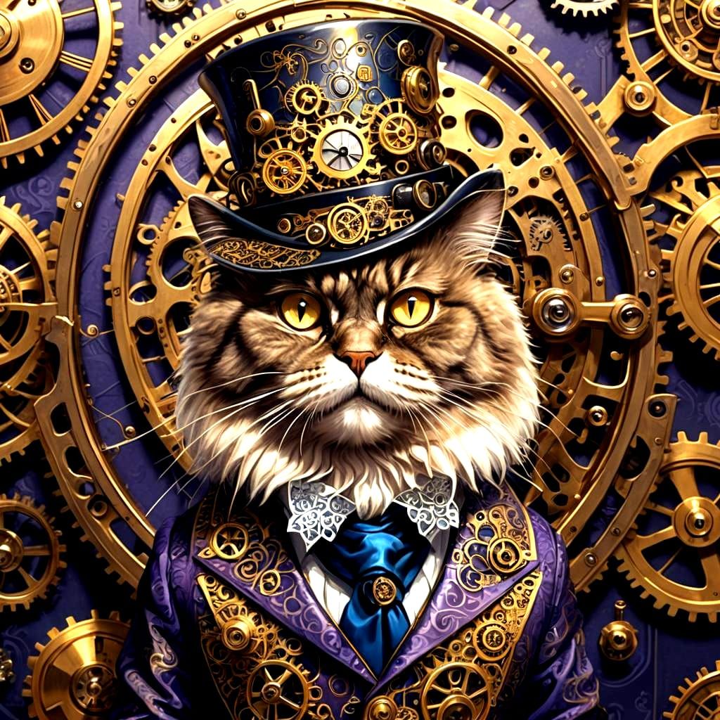 Steampunk Persian Cat in Suit, Top Hat, and Monocle