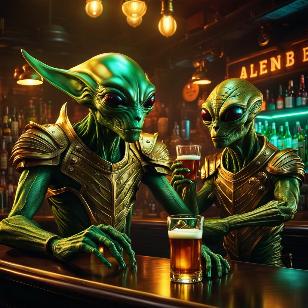 Four-Armed Alien at Bar: Hyper-Realistic Digital Art