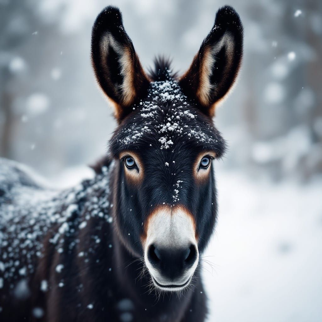 Majestic Black Donkey in Winter Landscape