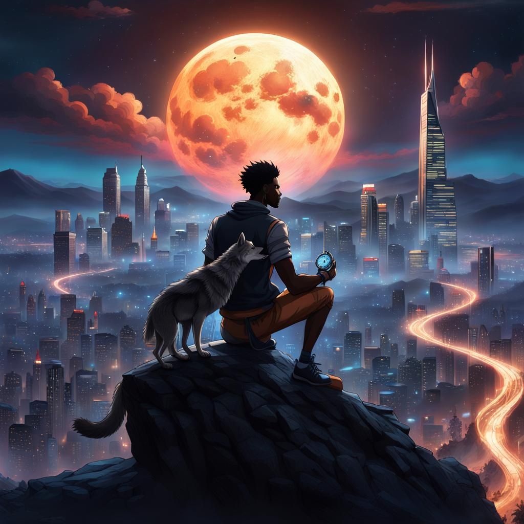 Anime Man and Wolf Companion in Mystic Setting