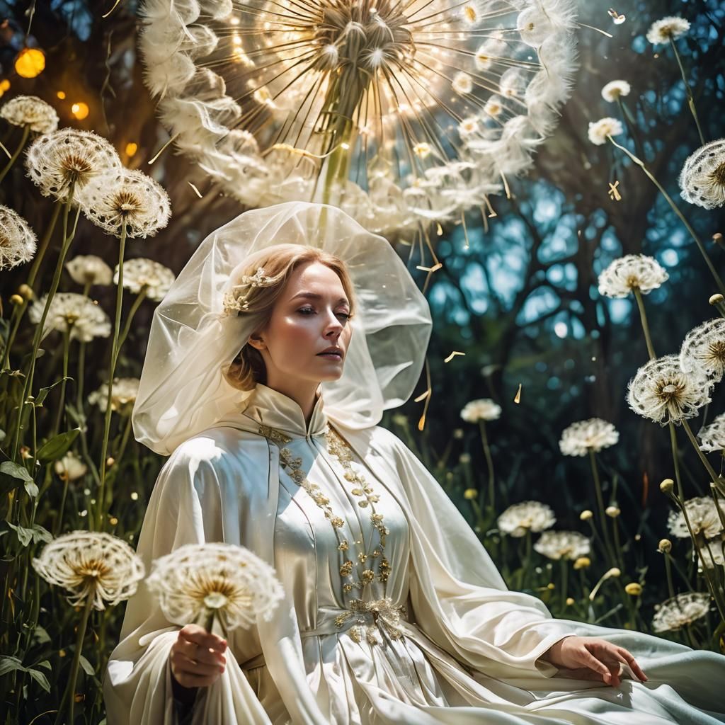 Ethereal Woman in Dandelion Dreamscape: Surrealist Portrait