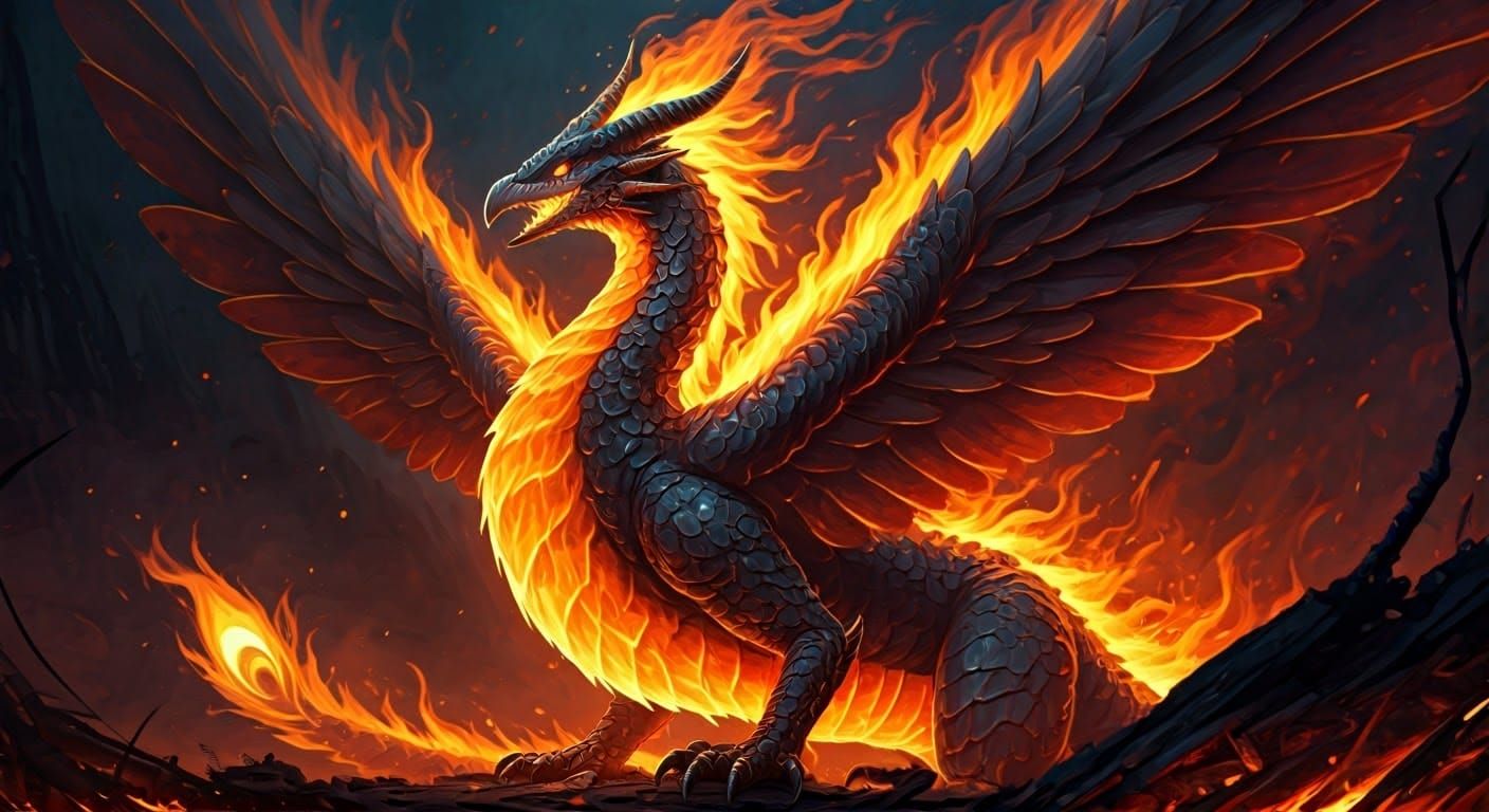 Fiery Phoenix-Dragon in Industrial Futurist Style