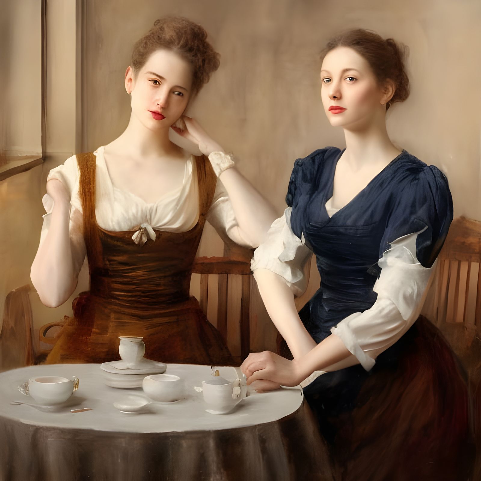 Elegant Women Enjoying Tea: Photorealistic Portrait