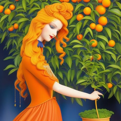 Orange-Haired Girl Planting Trees in Storybook Illustration