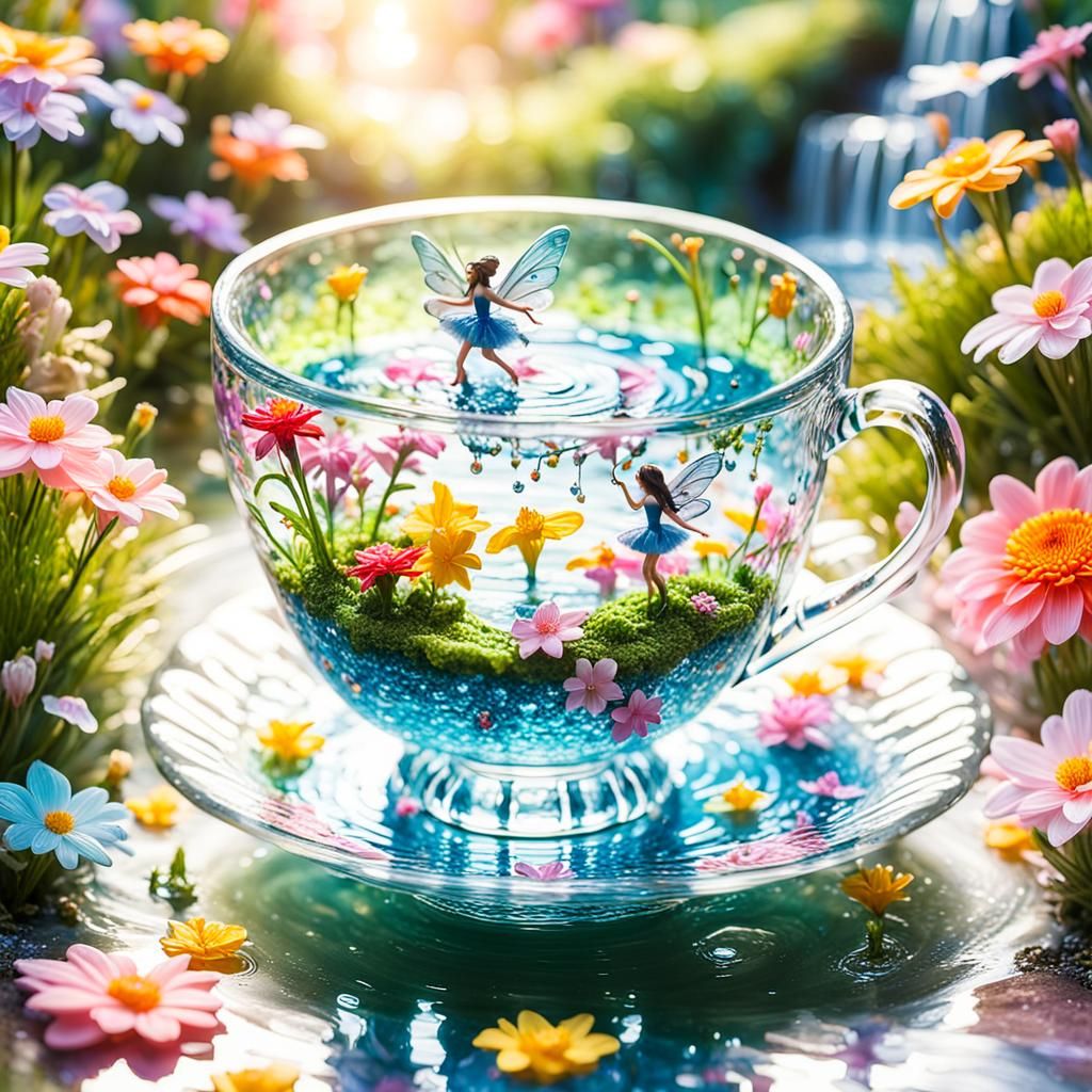 Enchanting and magical world in a glass teacup.colorful fair...