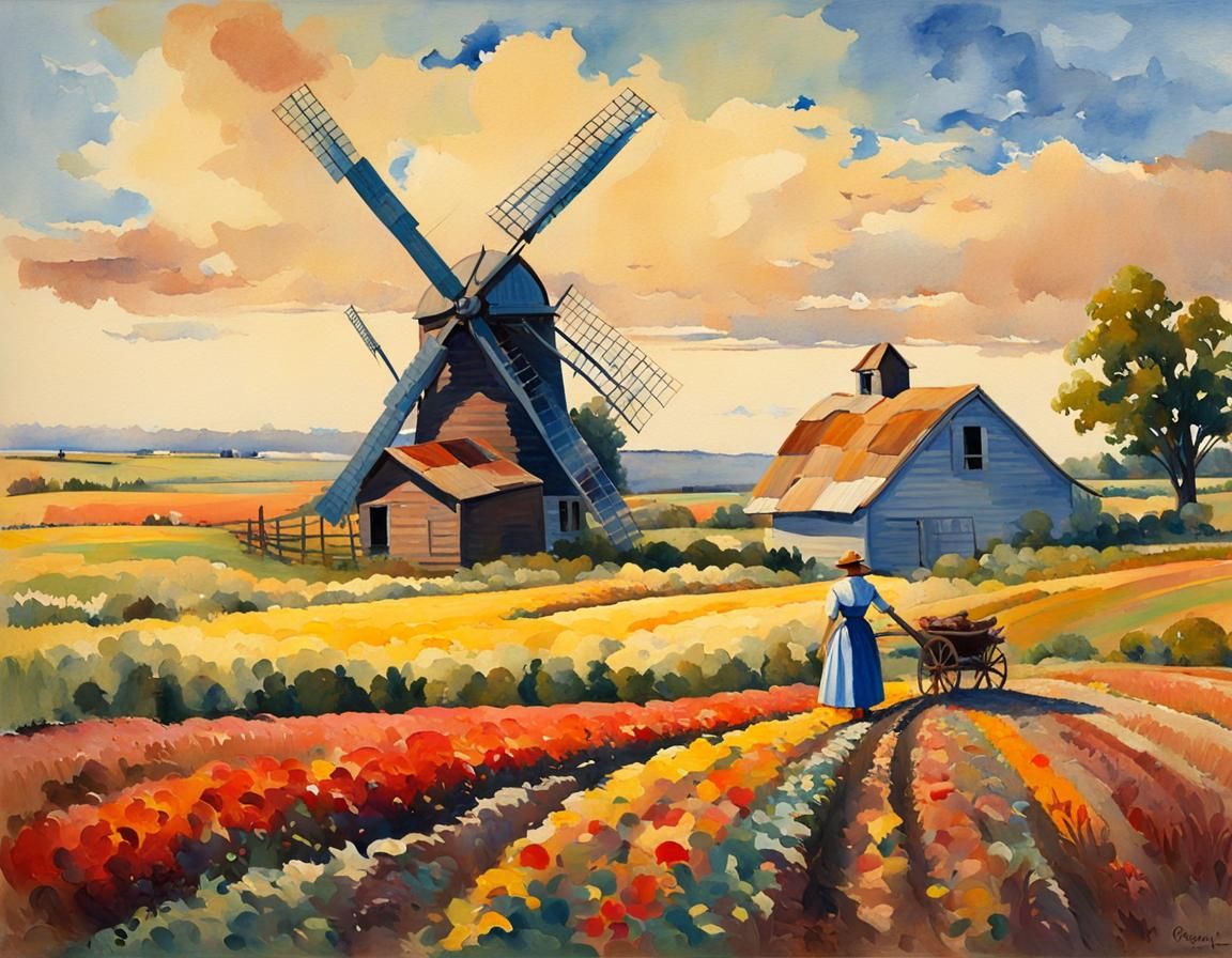 Prairie Farm Woman in Gouache Watercolor Style